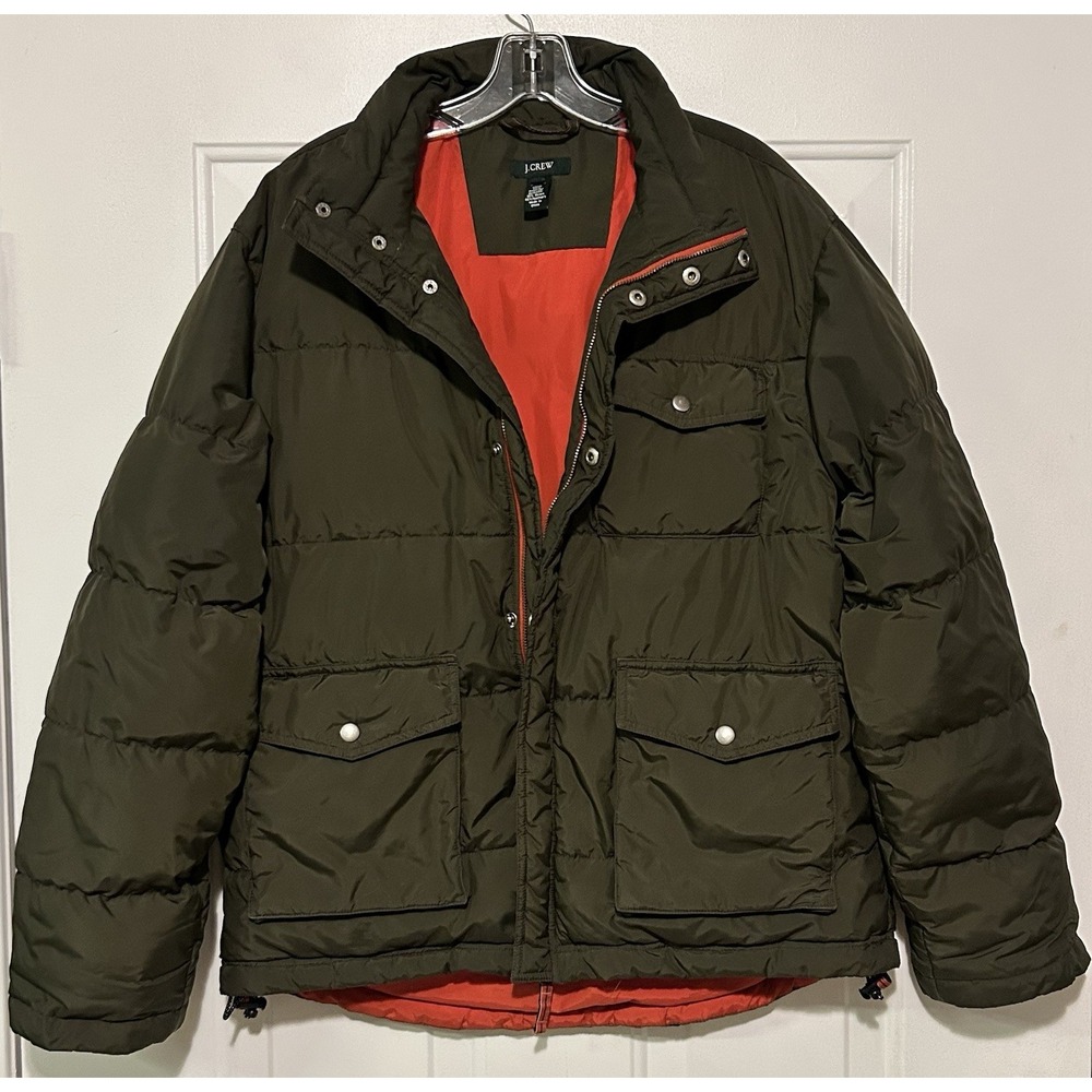 J.Crew Mens Olive Green Down Fill Puffer Jacket Medium Orange‎ Lining Quilted